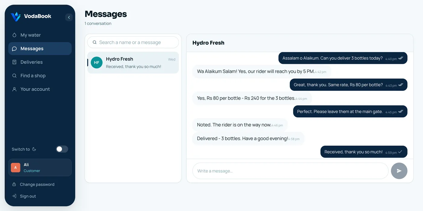 VodaBook messaging on the web